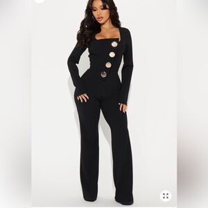 Fashion Nova Black Wide Leg Jumpsuit with Gold Accents